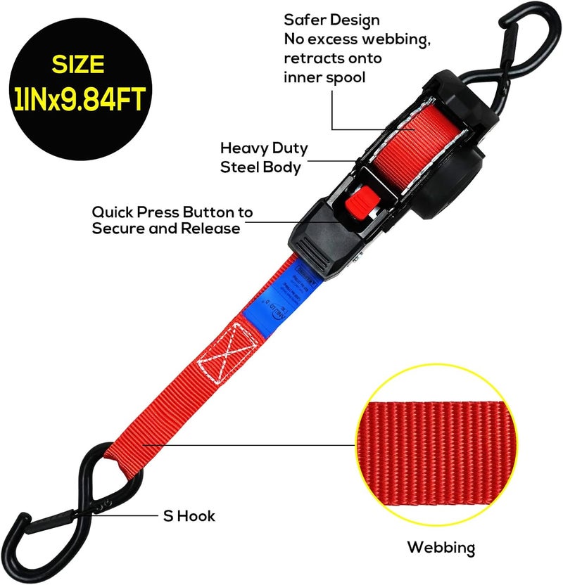 ANLU LOAD ANLULOAD Retractable Ratchet Strap(1 in x 9.8 ft),Ratchet Tie Down Strap for Motorcycles, Boats,Atvs,Utvs.W.L.L:700 Lbs/B.S:2,100 Lbs-(4Packs) (Red) - Image 2